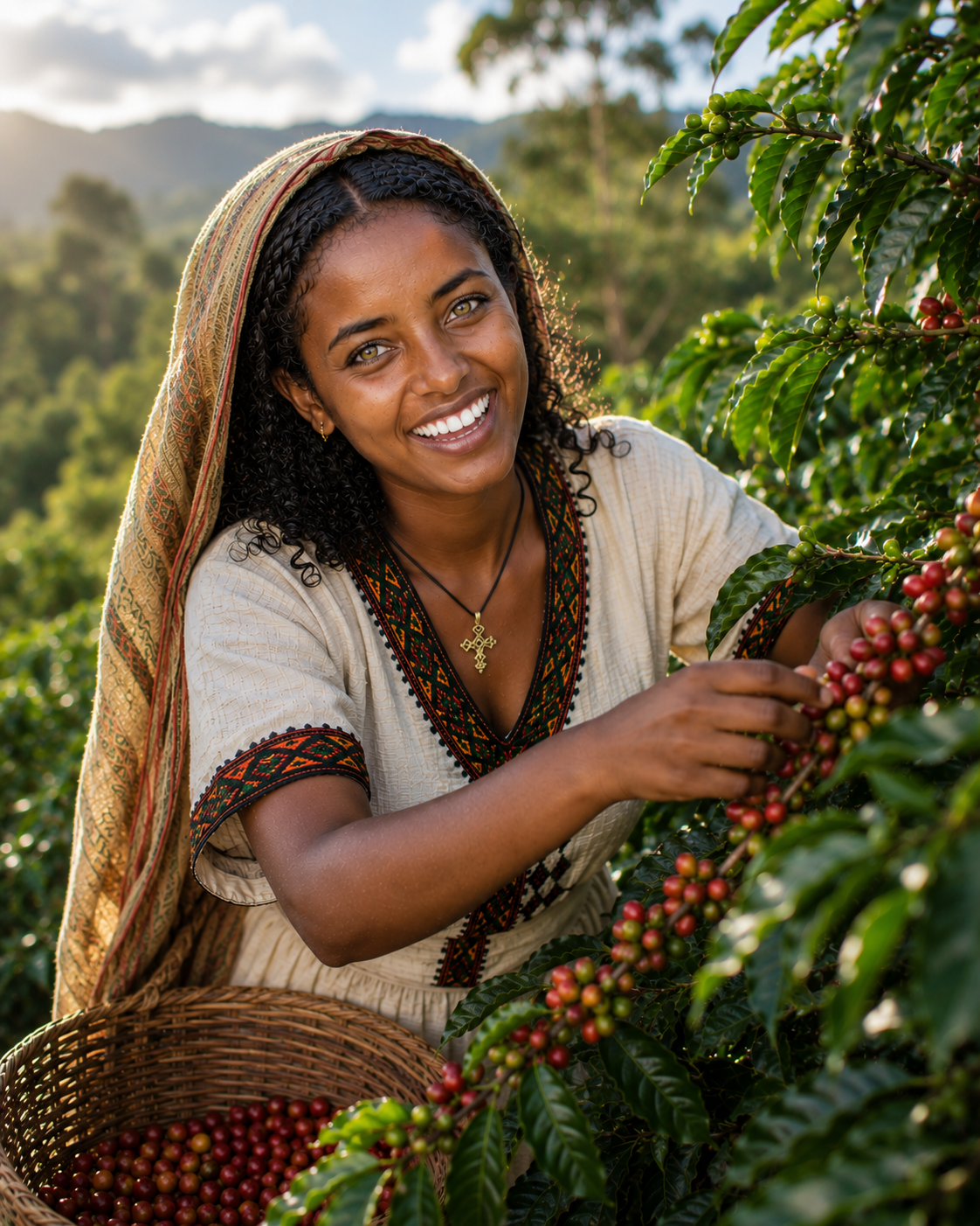 Coffee picker harvesting ripe cherries in the highlands
