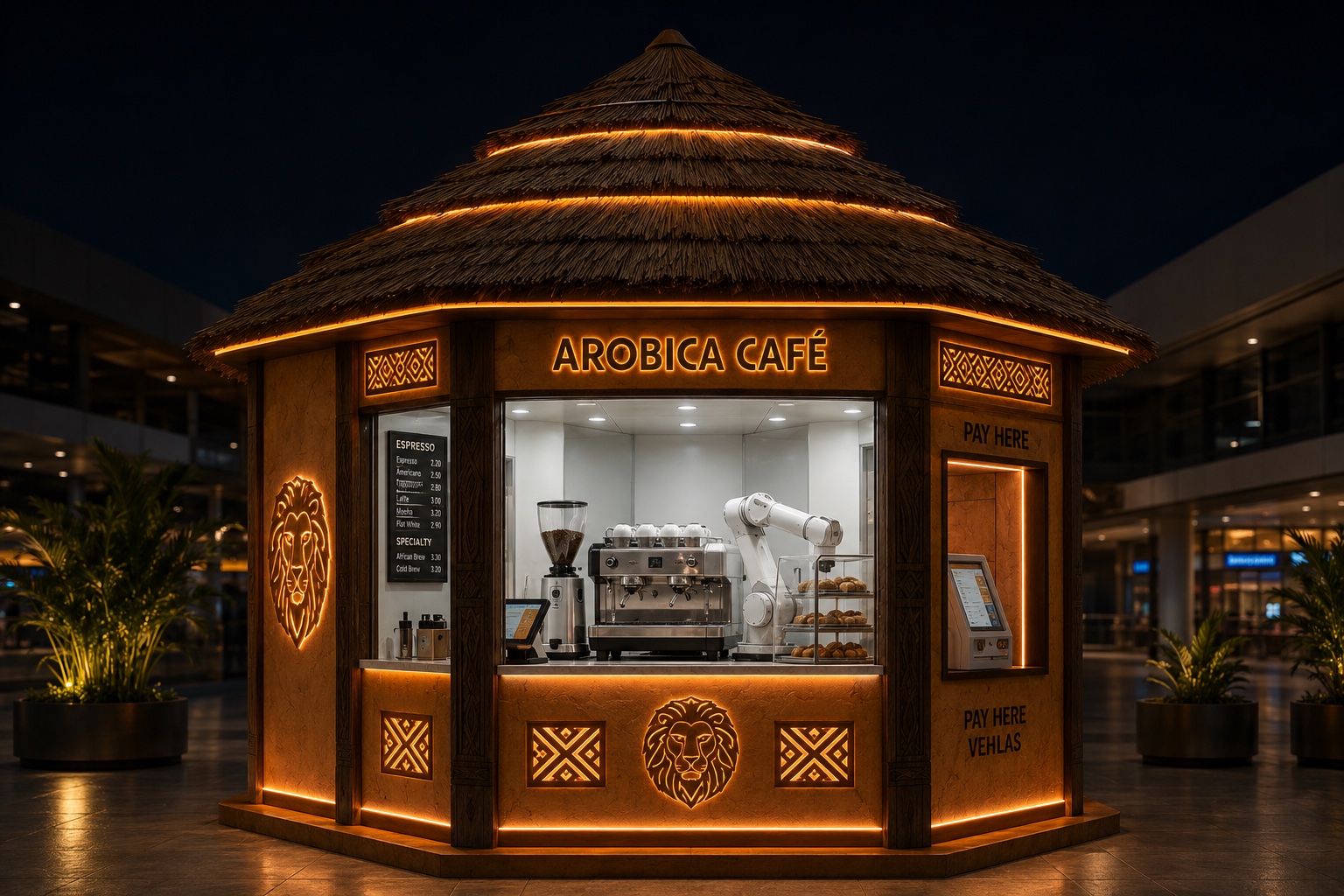 The AROBICA hexagonal kiosk, lit at night