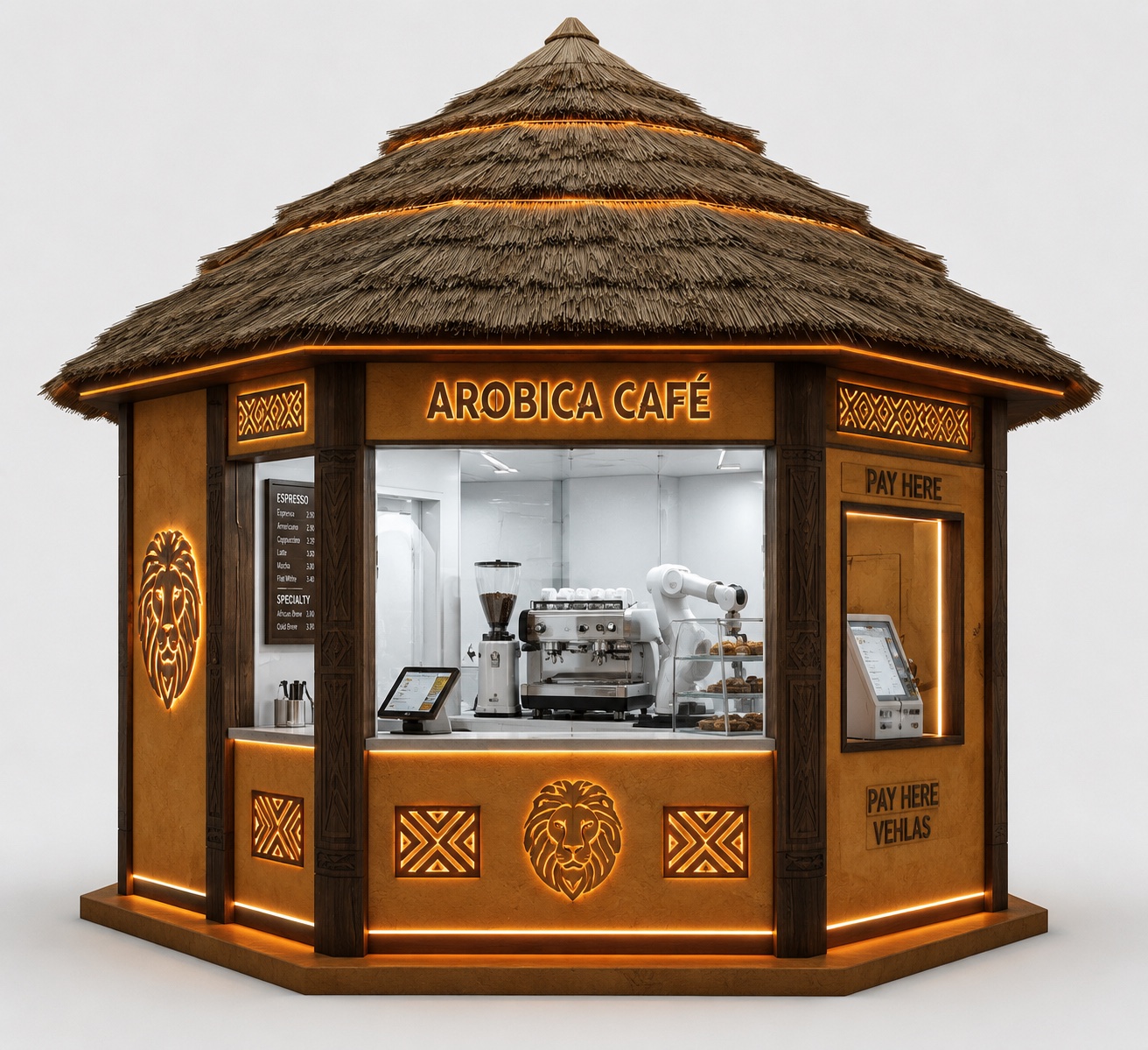 The AROBICA hexagonal kiosk — full render