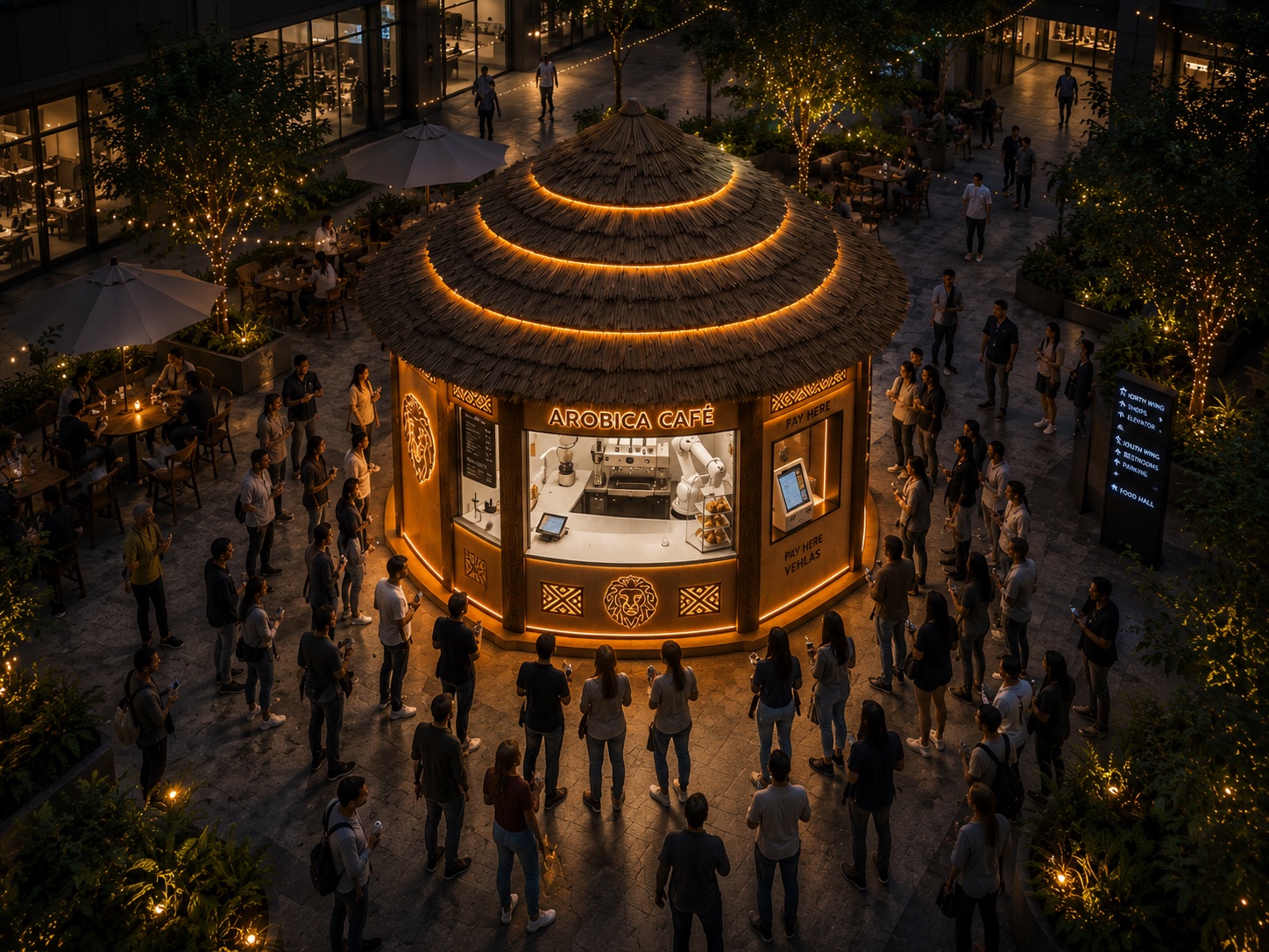 An AROBICA kiosk drawing an evening crowd in a plaza
